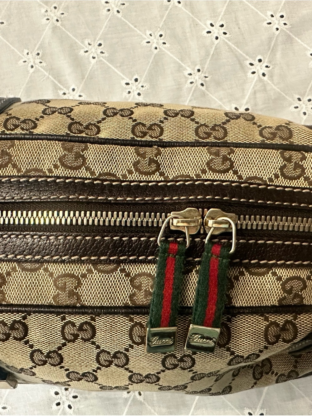 Gucci Princy Beige Monogram Canvas Shoulder Bag with Brown Trim and Web Stripe - Picture 12 of 16